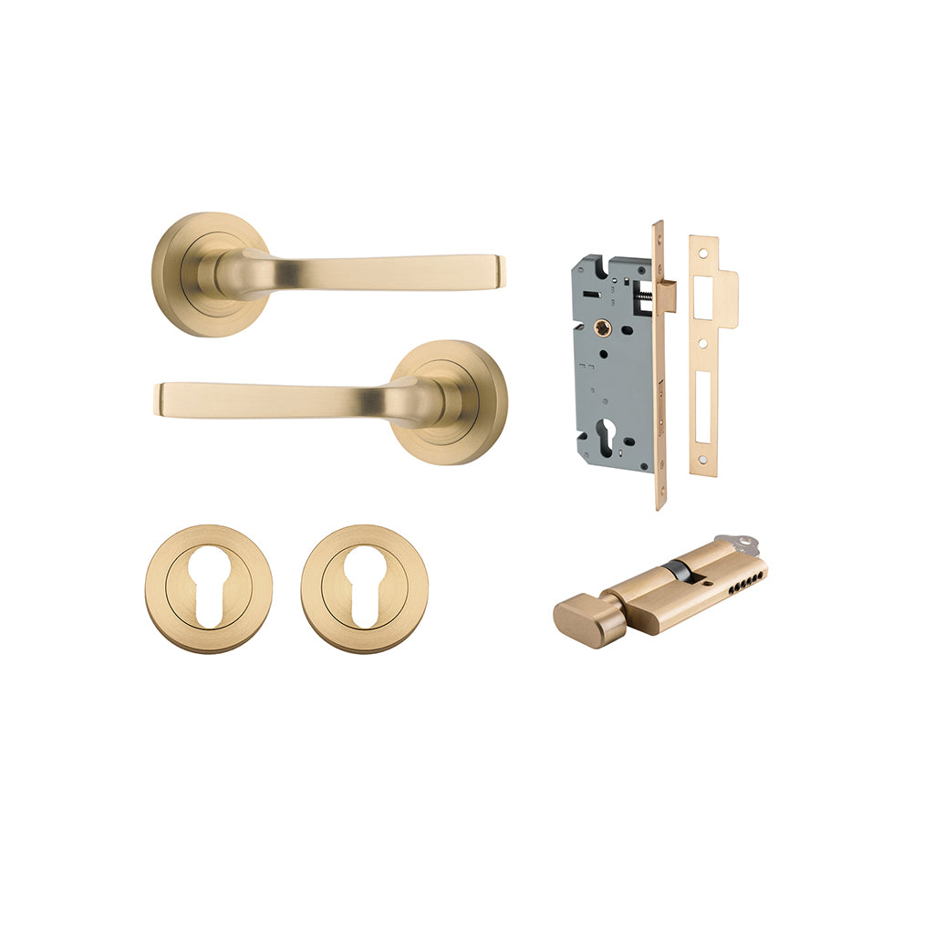 Annecy Lever - Round Rose Brushed Brass / Entrance / Entrance Kit (Key-Thumb)
