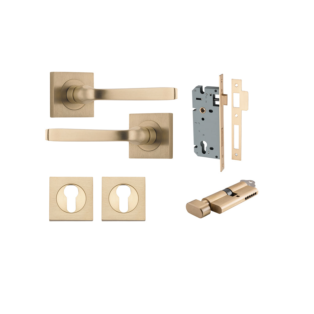 Annecy Lever - Square Rose Brushed Brass / Entrance / Entrance Kit (Key-Thumb)