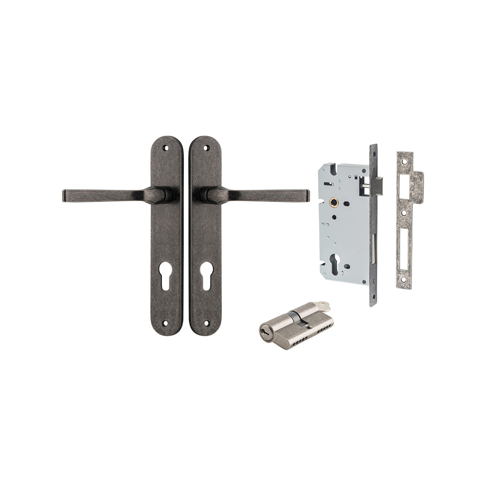 Annecy Lever - Oval Backplate Distressed Nickel / Entrance / Entrance Kit Dual Function (Key-Key)