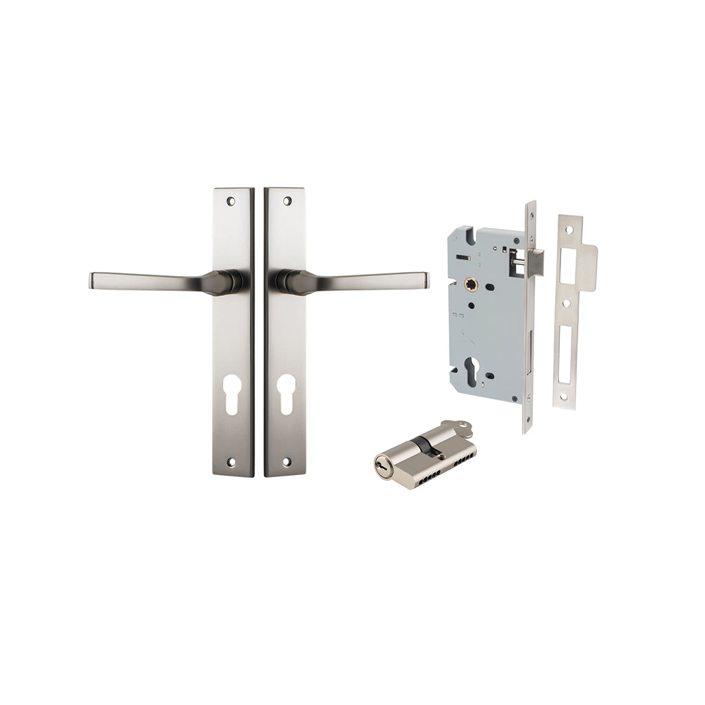 Annecy Lever - Rectangular Backplate Satin Nickel / Entrance / Entrance Kit Dual Function (Key-Key)