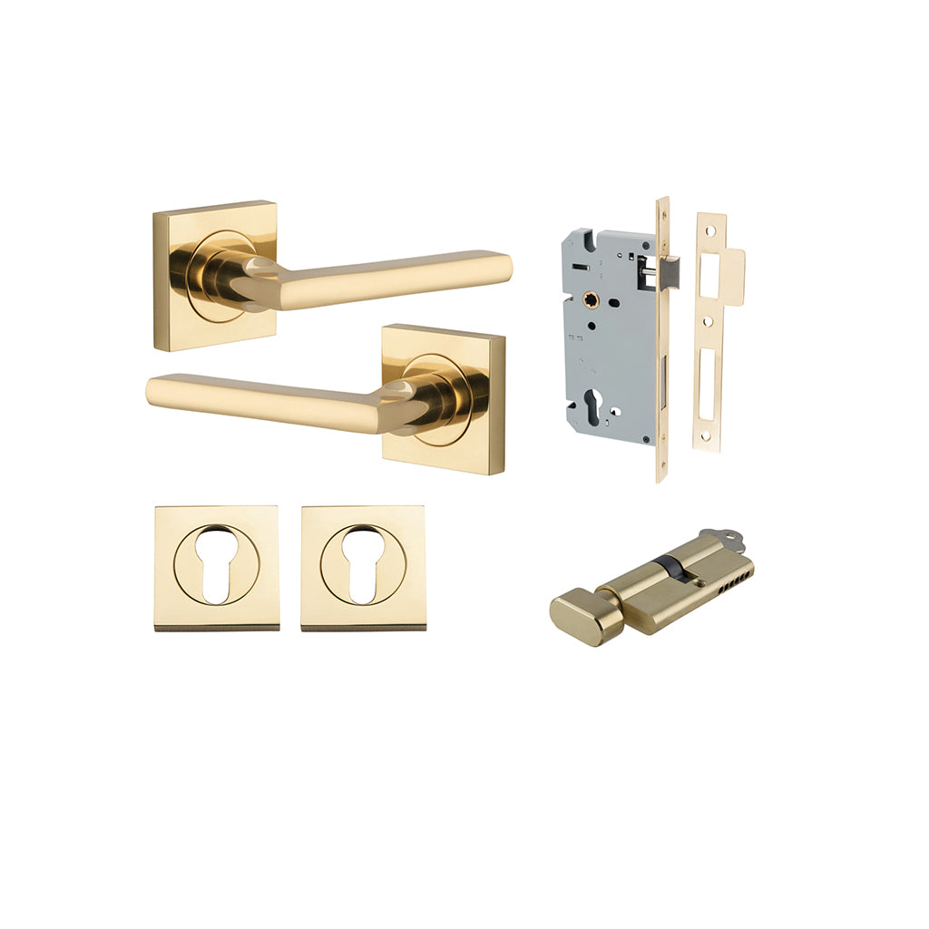Baltimore Lever - Square Rose Polished Brass / Entrance / Entrance Kit (Key-Thumb)