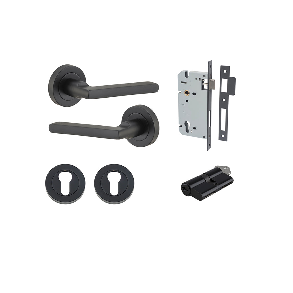 Baltimore Lever - Round Rose Matt Black / Entrance / Entrance Kit Dual Function (Key-Key)