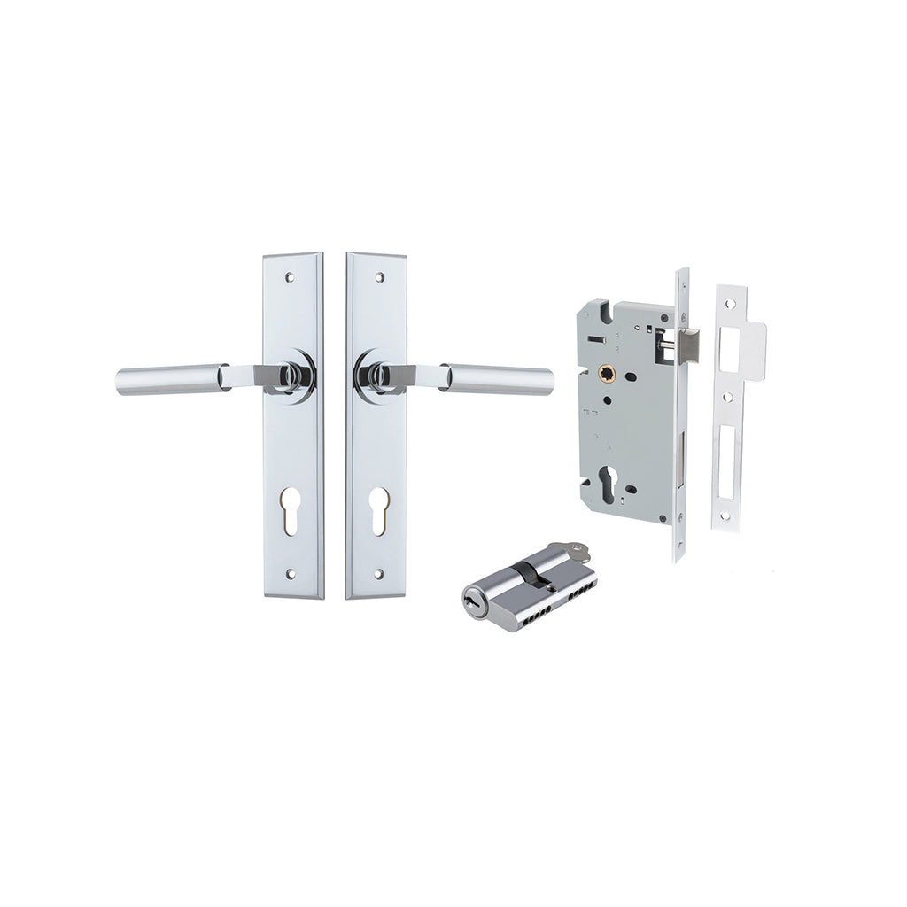 Berlin Lever - Chamfered Backplate Polished Chrome / Entrance / Entrance Kit Dual Function (Key-Key)