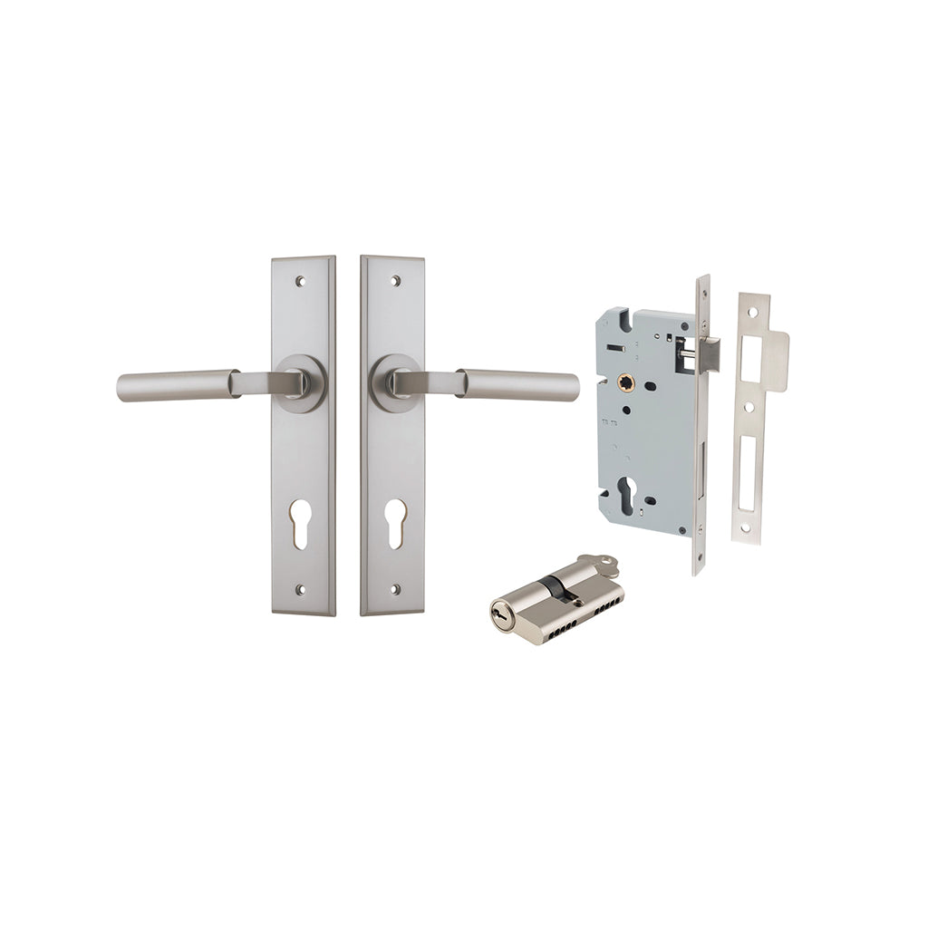 Berlin Lever - Chamfered Backplate Satin Nickel / Entrance / Entrance Kit Dual Function (Key-Key)