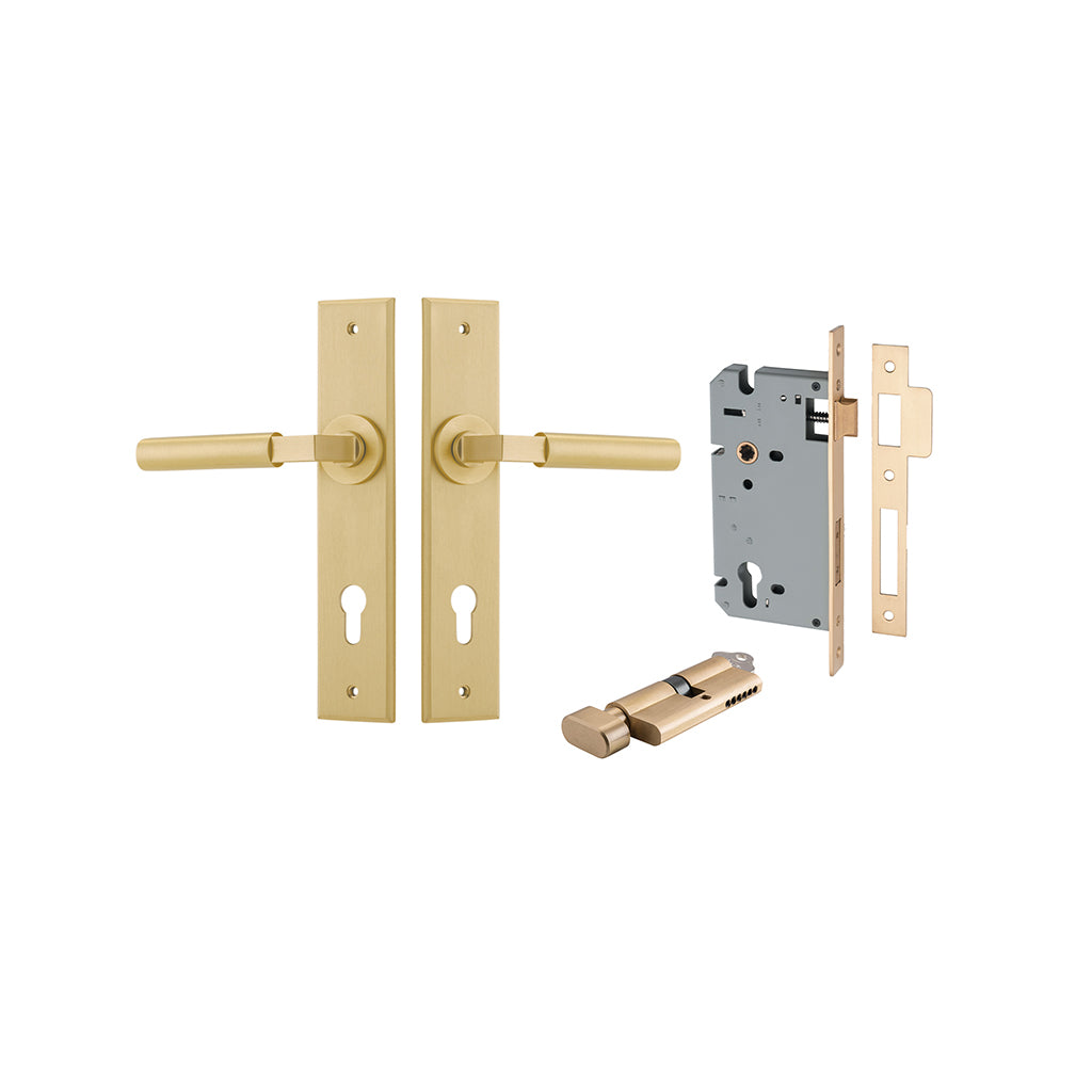 Berlin Lever - Chamfered Backplate Brushed Brass / Entrance / Entrance Kit (Key-Thumb)