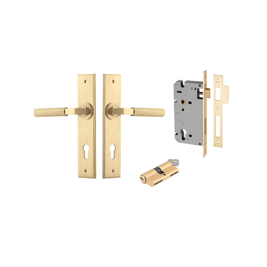 Brunswick Lever - Chamfered Backplate Brushed Gold PVD / Entrance / Entrance Kit Dual Function (Key-Key)