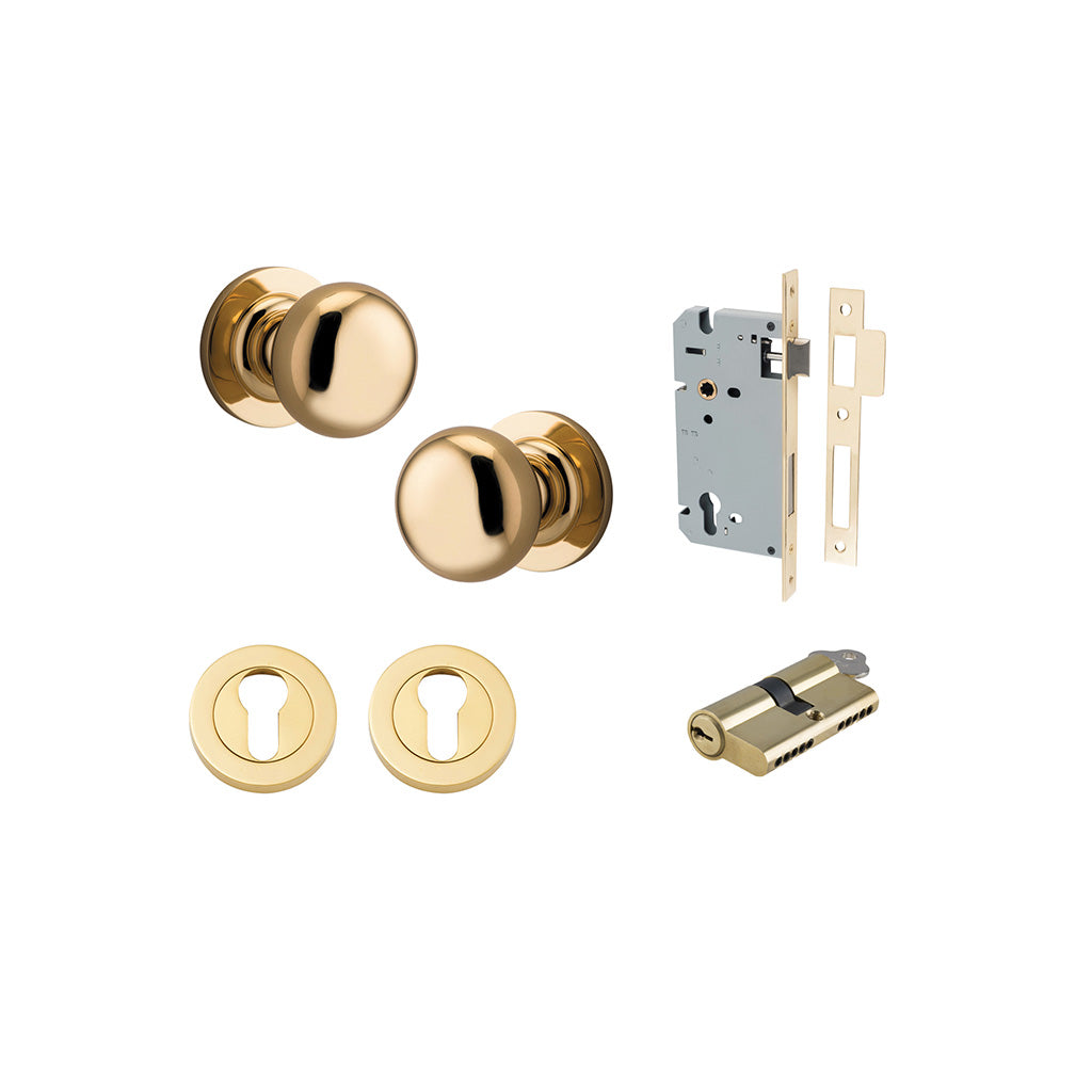 Cambridge Knob - Round Rose Polished Brass / Entrance / Entrance Kit Dual Function (Key-Key)