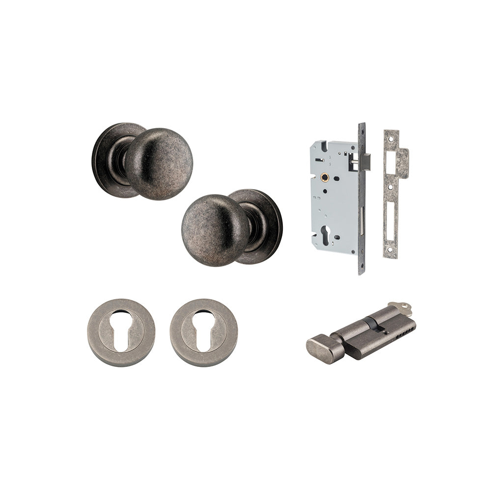 Cambridge Knob - Round Rose Distressed Nickel / Entrance / Entrance Kit (Key-Thumb)