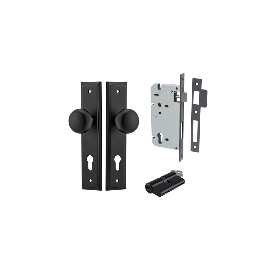 Cambridge Knob - Stepped Backplate Matt Black / Entrance / Entrance Kit Dual Function (Key-Key)
