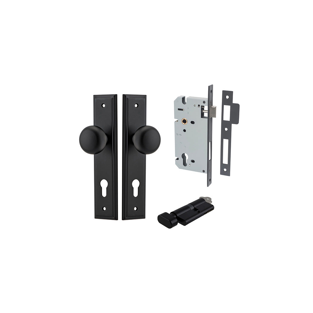 Cambridge Knob - Stepped Backplate Matt Black / Entrance / Entrance Kit (Key-Thumb)