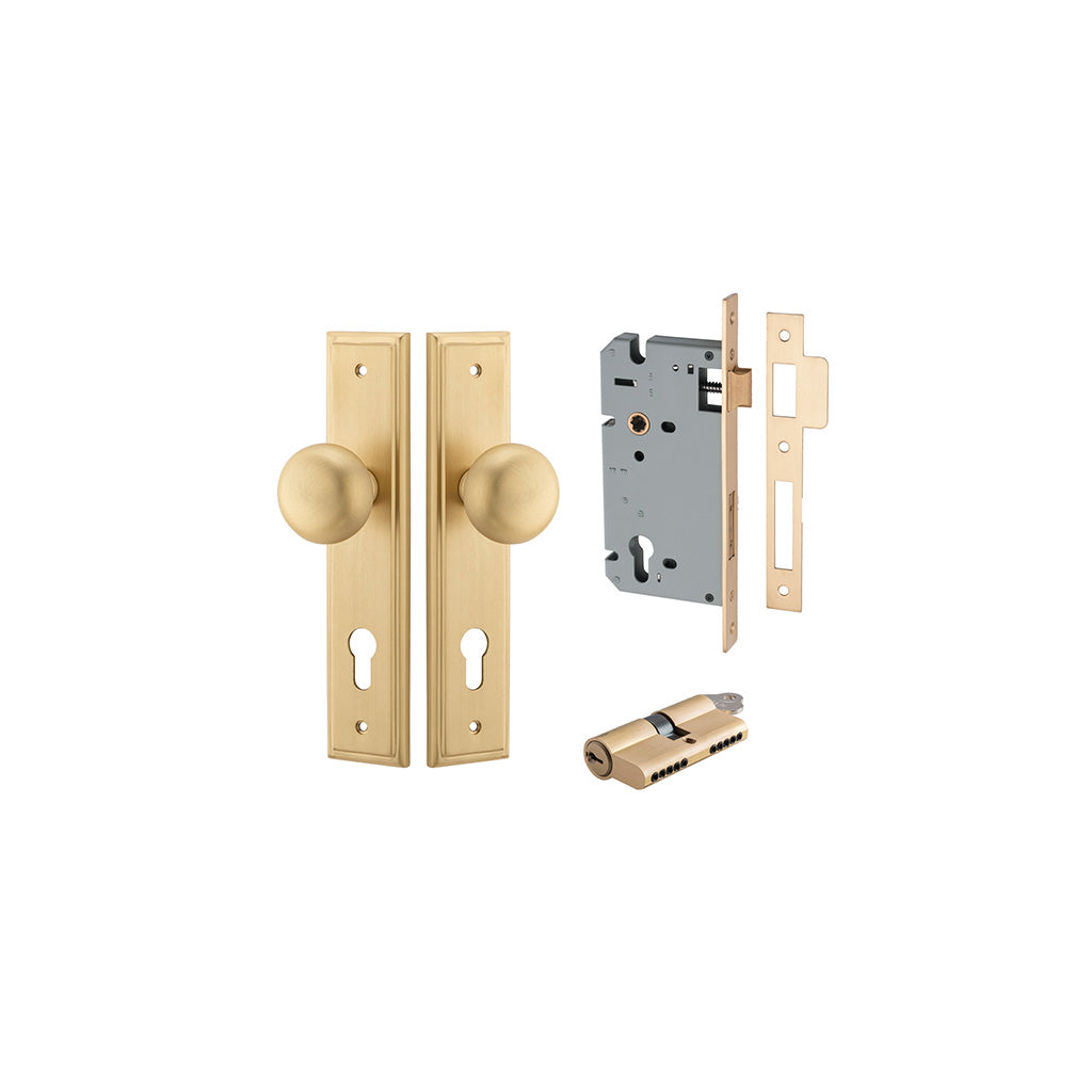 Cambridge Knob - Stepped Backplate Brushed Brass / Entrance / Entrance Kit Dual Function (Key-Key)