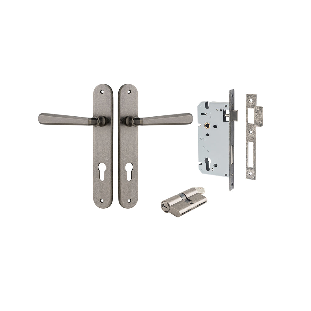 Copenhagen Lever - Oval Backplate Distressed Nickel / Entrance / Entrance Kit Dual Function (Key-Key)