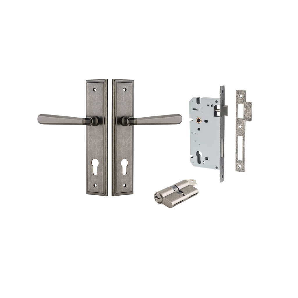 Copenhagen Lever - Stepped Backplate Distressed Nickel / Entrance / Entrance Kit Dual Function (Key-Key)