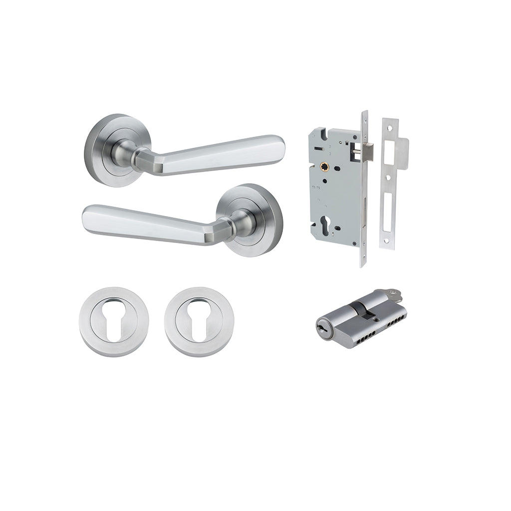 Copenhagen Lever - Round Rose Brushed Chrome / Entrance / Entrance Kit Dual Function (Key-Key)