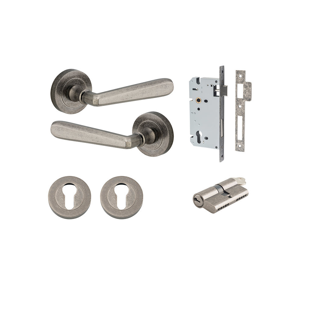 Copenhagen Lever - Round Rose Distressed Nickel / Entrance / Entrance Kit Dual Function (Key-Key)