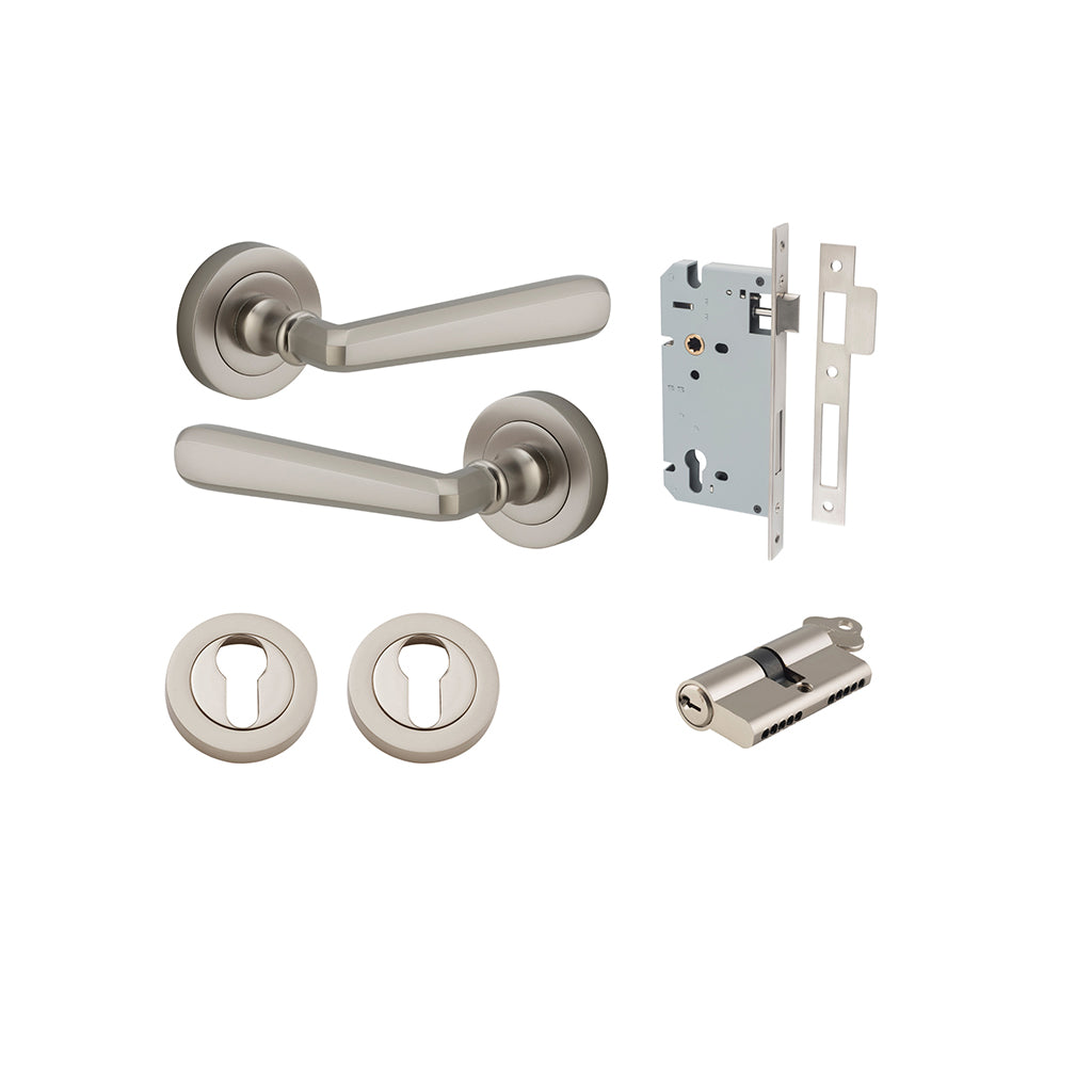 Copenhagen Lever - Round Rose Satin Nickel / Entrance / Entrance Kit Dual Function (Key-Key)