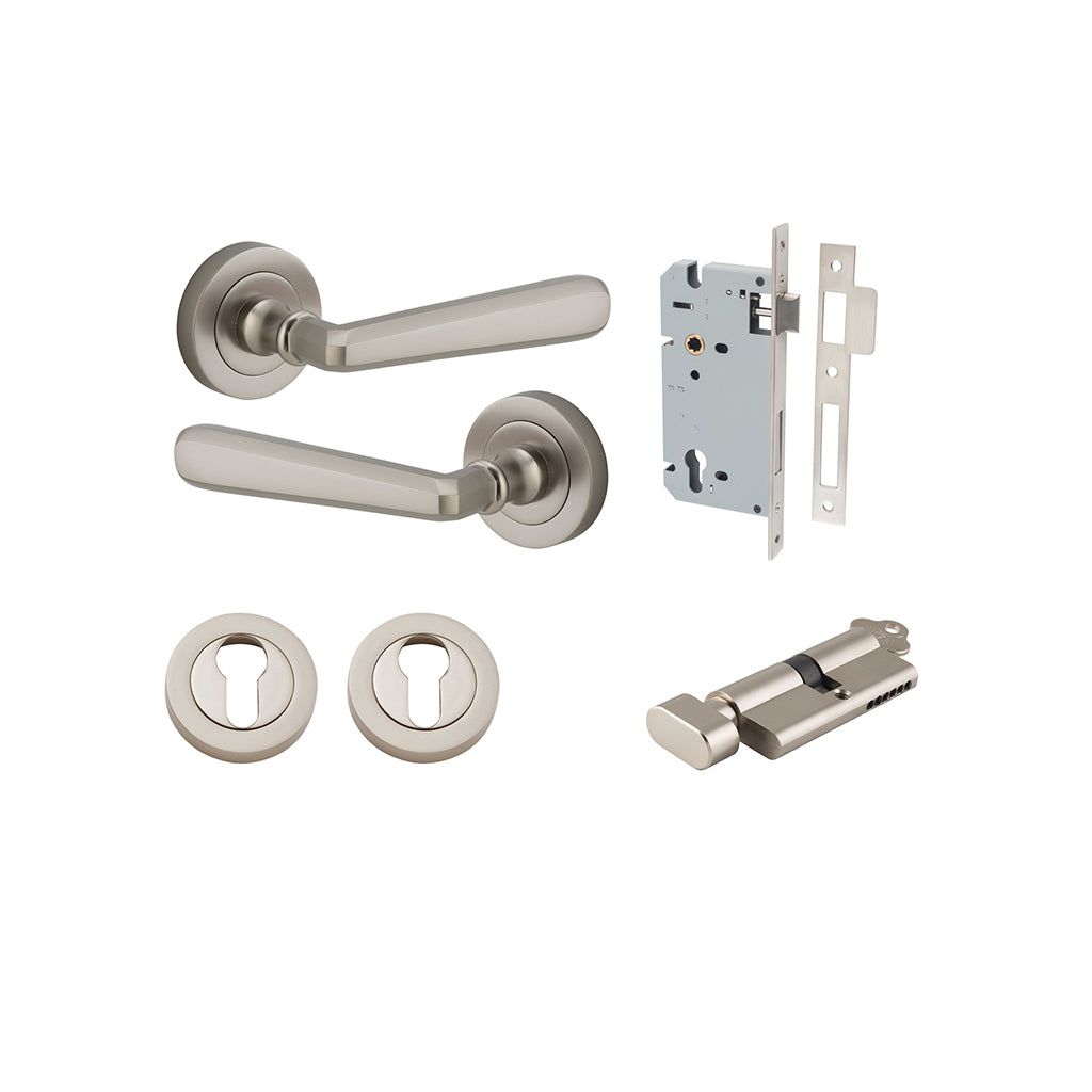 Copenhagen Lever - Round Rose Satin Nickel / Entrance / Entrance Kit (Key-Thumb)