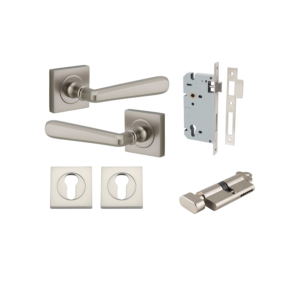 Copenhagen Lever - Square Rose Satin Nickel / Entrance / Entrance Kit (Key-Thumb)
