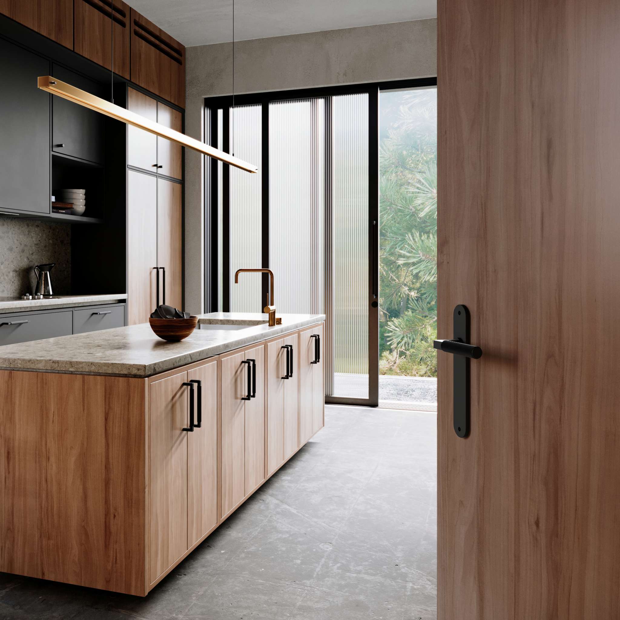 Iver Brunswick collection lever handles in sleek satin brass, styled on a classic panelled timber door.
