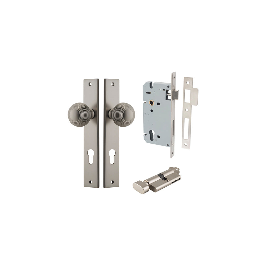 Guildford Knob - Rectangular Backplate Satin Nickel / Entrance / Entrance Kit (Key-Thumb)