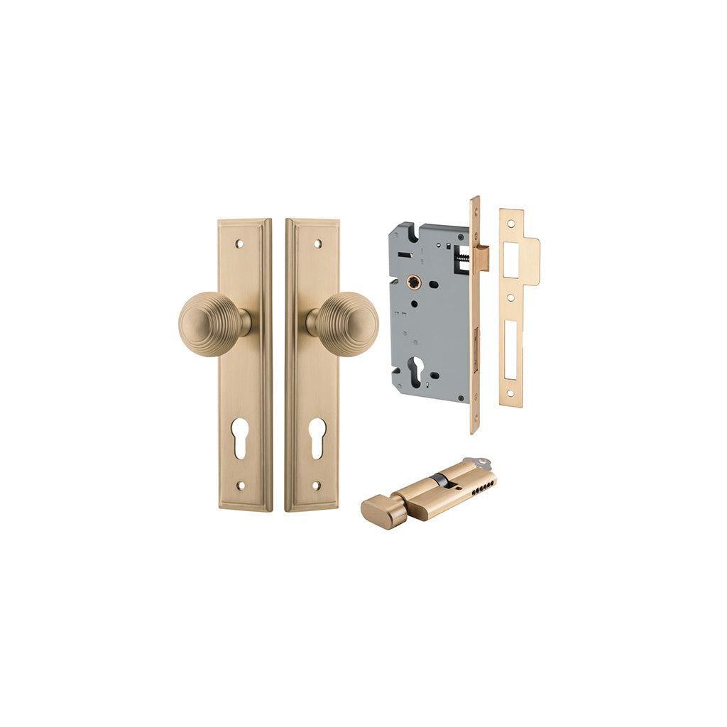 Guildford Knob - Stepped Backplate Brushed Brass / Entrance / Entrance Kit (Key-Thumb)