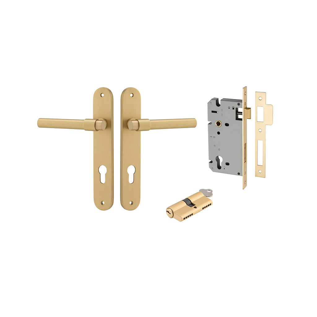 Helsinki Lever - Oval Backplate Brushed Gold PVD / Entrance / Entrance Kit Dual Function (Key-Key)