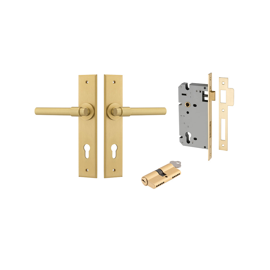 Helsinki Lever - Chamfered Backplate Brushed Gold PVD / Entrance / Entrance Kit Dual Function (Key-Key)