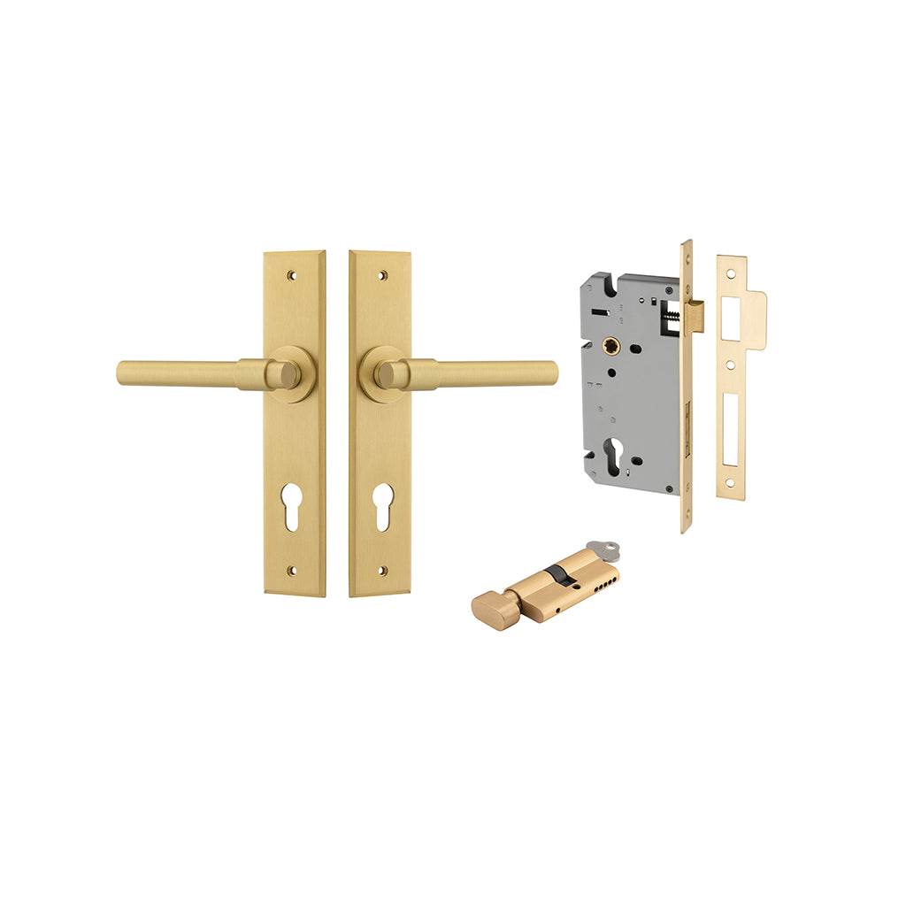 Helsinki Lever - Chamfered Backplate Brushed Gold PVD / Entrance / Entrance Kit (Key-Thumb)