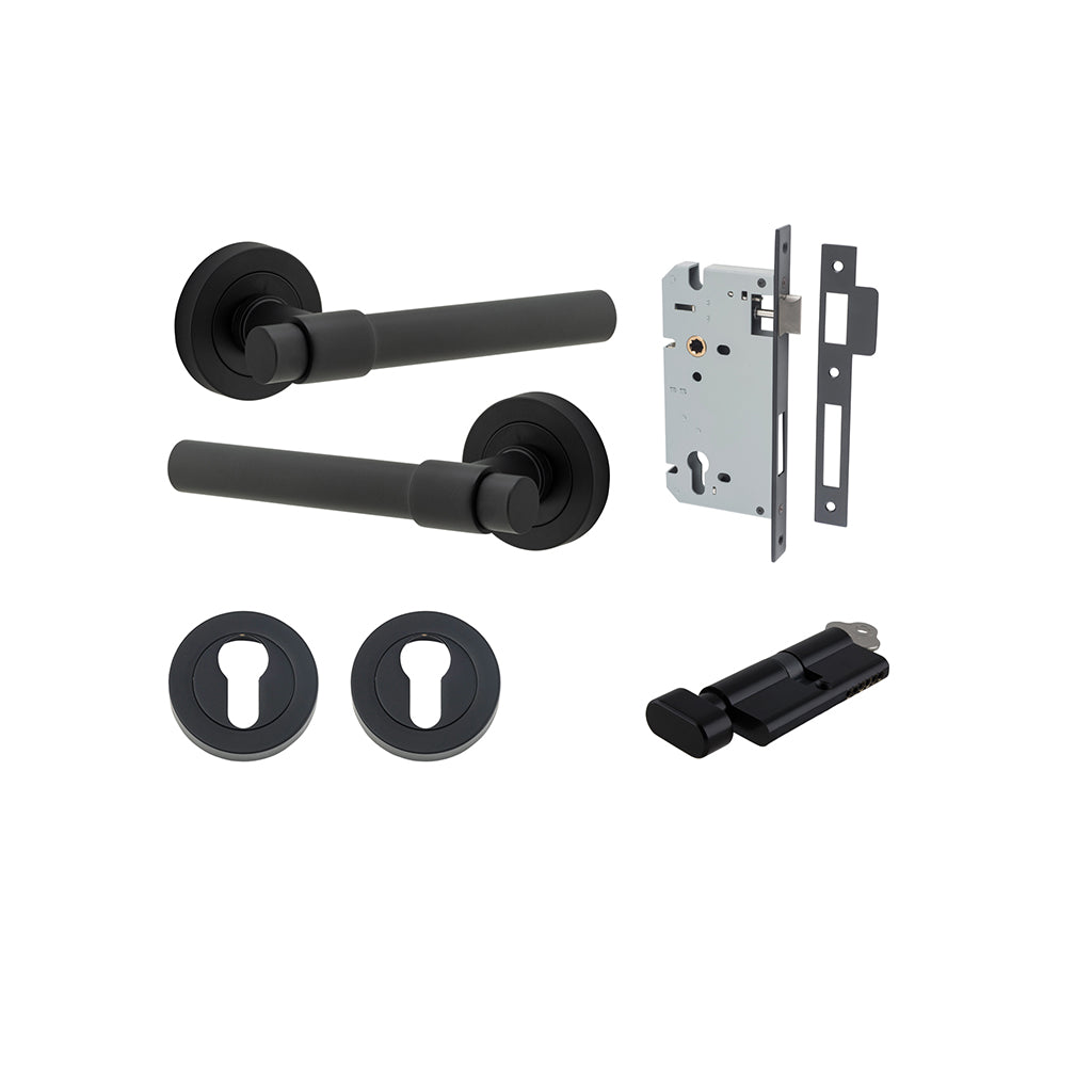 Helsinki Lever - Round Rose Matt Black / Entrance / Entrance Kit (Key-Thumb)