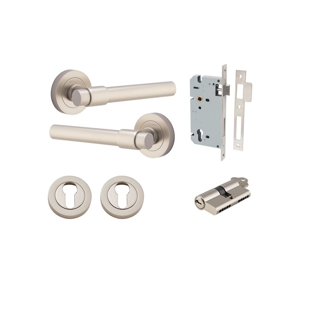Helsinki Lever - Round Rose Satin Nickel / Entrance / Entrance Kit Dual Function (Key-Key)