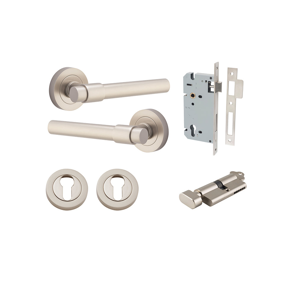 Helsinki Lever - Round Rose Satin Nickel / Entrance / Entrance Kit (Key-Thumb)