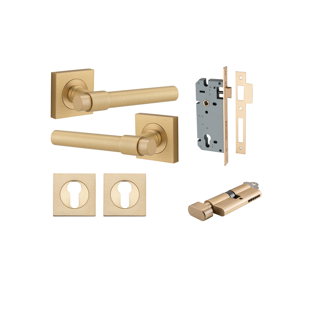 Helsinki Lever - Square Rose Brushed Brass / Entrance / Entrance Kit (Key-Thumb)