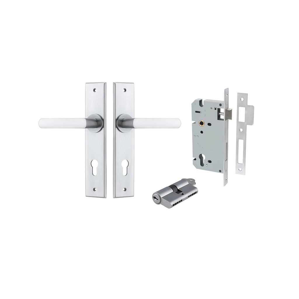 Copenhagen Lever - Chamfered Backplate Brushed Chrome / Entrance / Entrance Kit Dual Function (Key-Key)