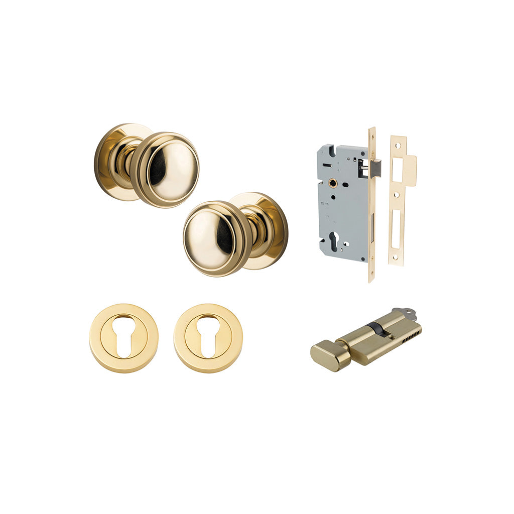 Paddington Knob - Round Rose Polished Brass / Entrance / Entrance Kit (Key-Thumb)
