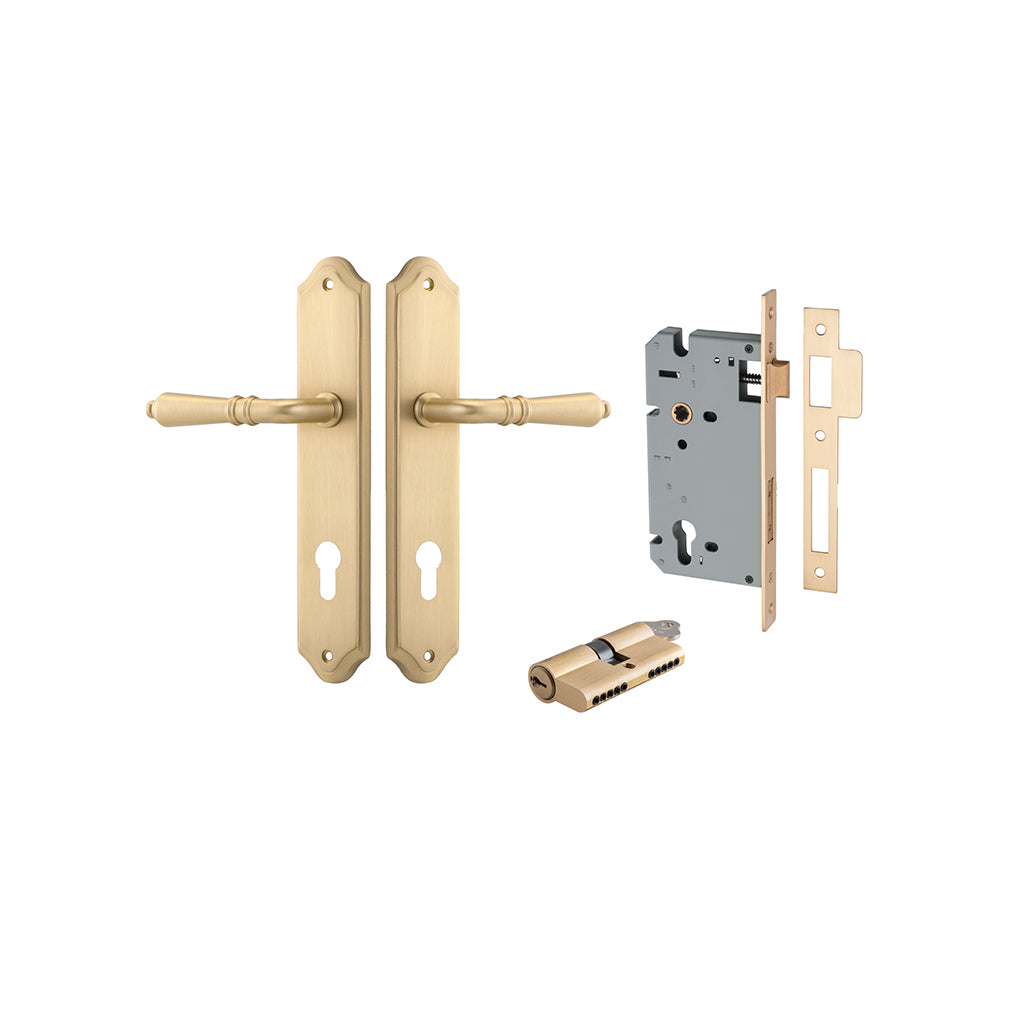 Sarlat Lever - Shouldered Backplate Brushed Brass / Entrance / Entrance Kit Dual Function (Key-Key)