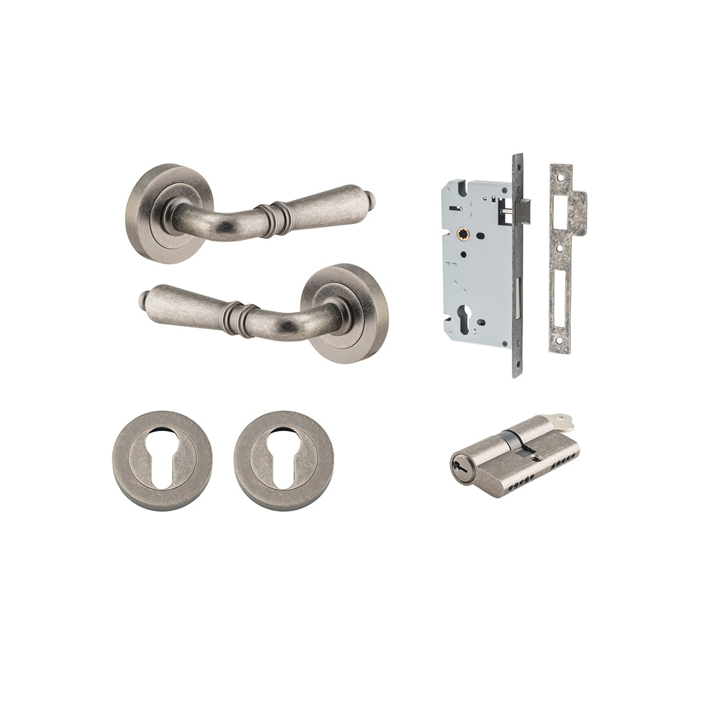 Sarlat Lever - Round Rose Distressed Nickel / Entrance / Entrance Kit Dual Function (Key-Key)
