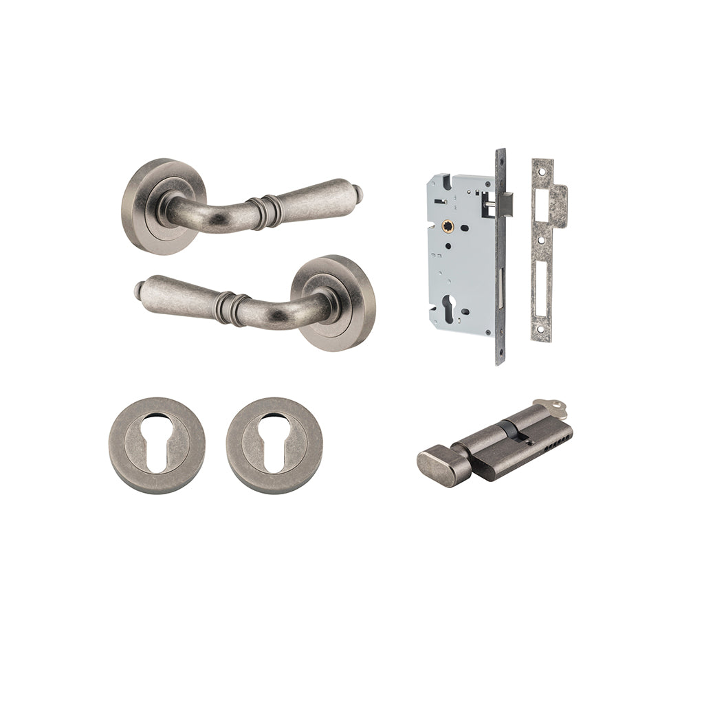 Sarlat Lever - Round Rose Distressed Nickel / Entrance / Entrance Kit (Key-Thumb)