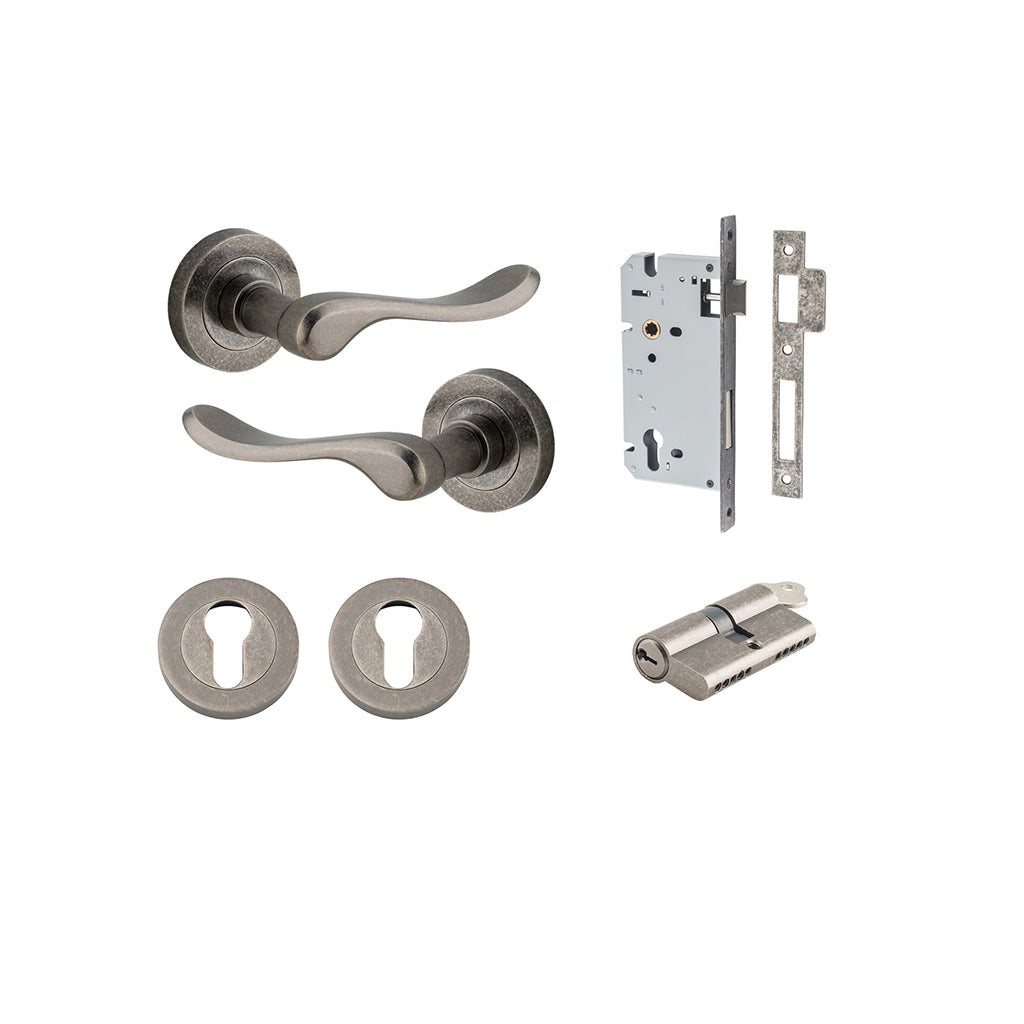 Stirling Lever - Round Rose Distressed Nickel / Entrance / Entrance Kit Dual Function (Key-Key)