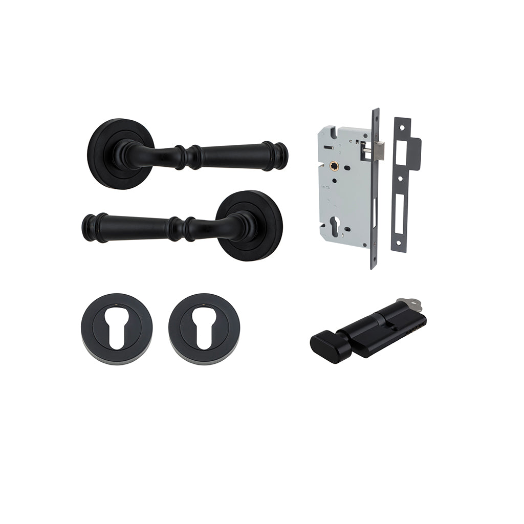 Verona Lever - Round Rose Matt Black / Entrance / Entrance Kit (Key-Thumb)