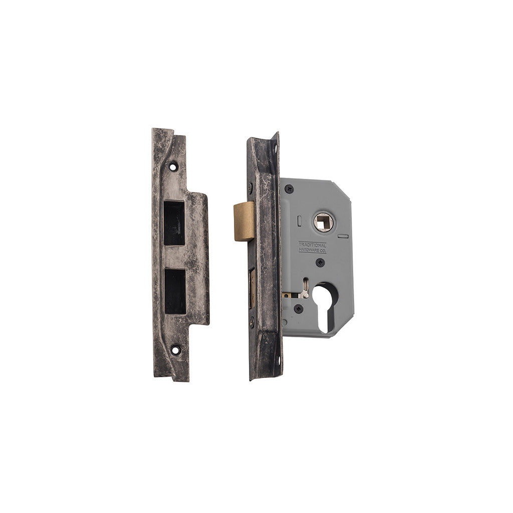 Rebated Euro Mortice Lock Rumbled Nickel / 46mm