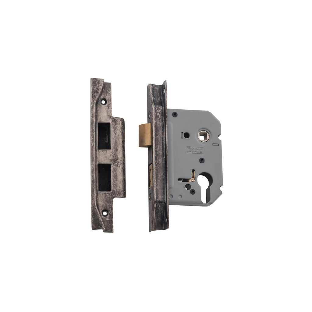 Rebated Euro Mortice Lock Rumbled Nickel / 57mm