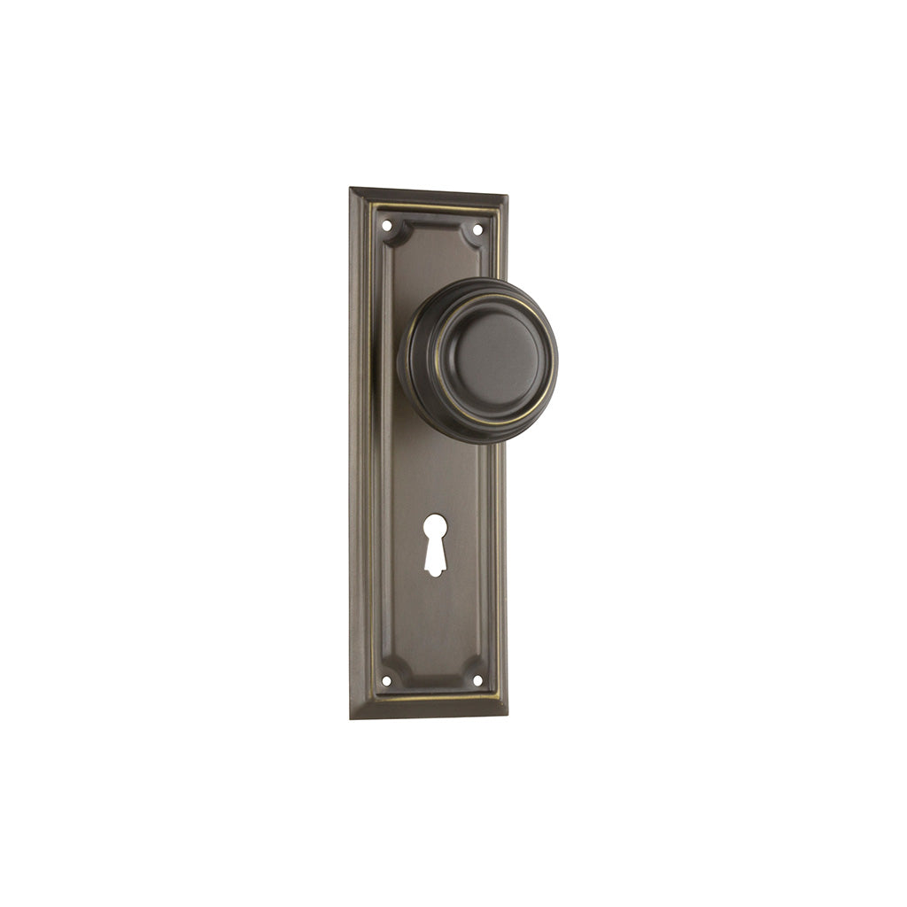 Edwardian Door Knob - Long Backplate Antique Brass / Lock (Skeleton Key) / Lever Set Only