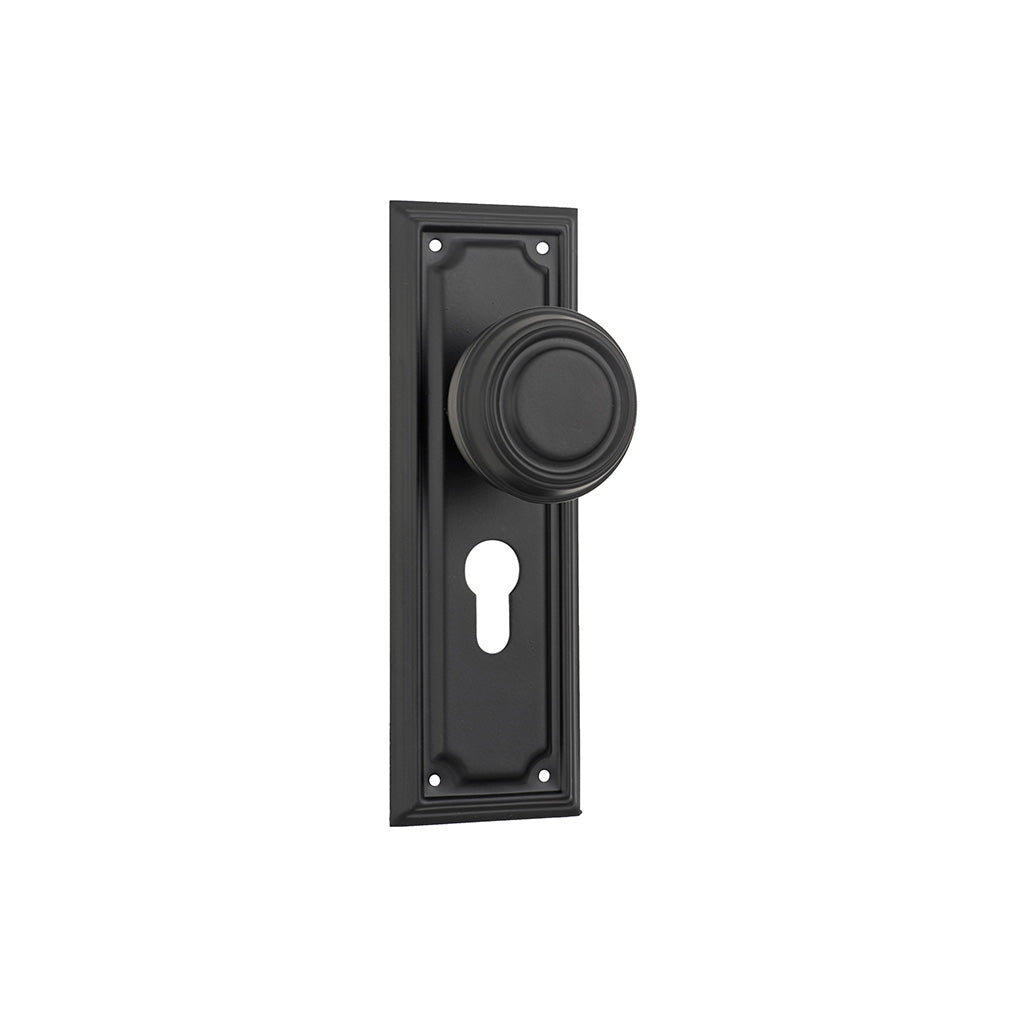 Edwardian Door Knob - Long Backplate Matt Black / Entrance / Lever Set Only