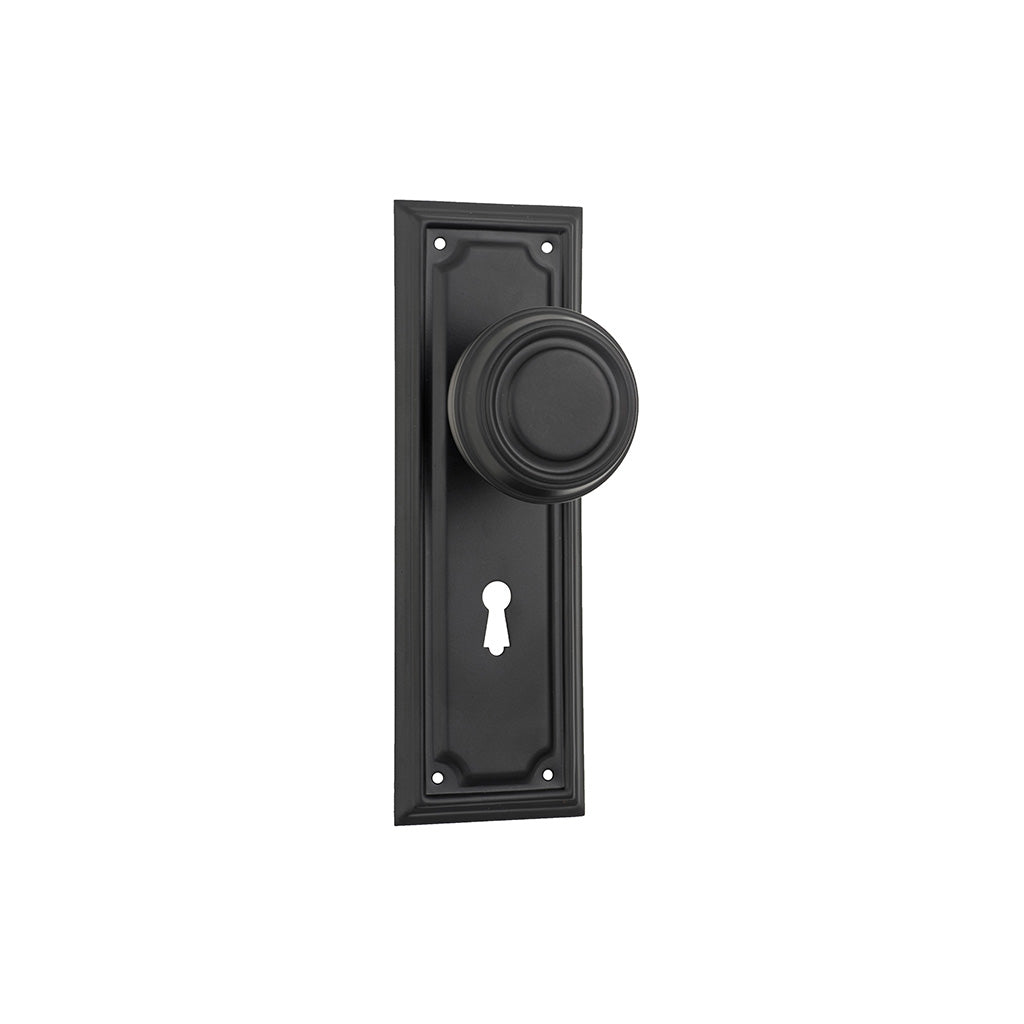 Edwardian Door Knob - Long Backplate Matt Black / Lock (Skeleton Key) / Lever Set Only