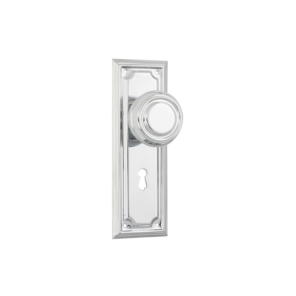 Edwardian Door Knob - Long Backplate Chrome Plated / Lock (Skeleton Key) / Lever Set Only