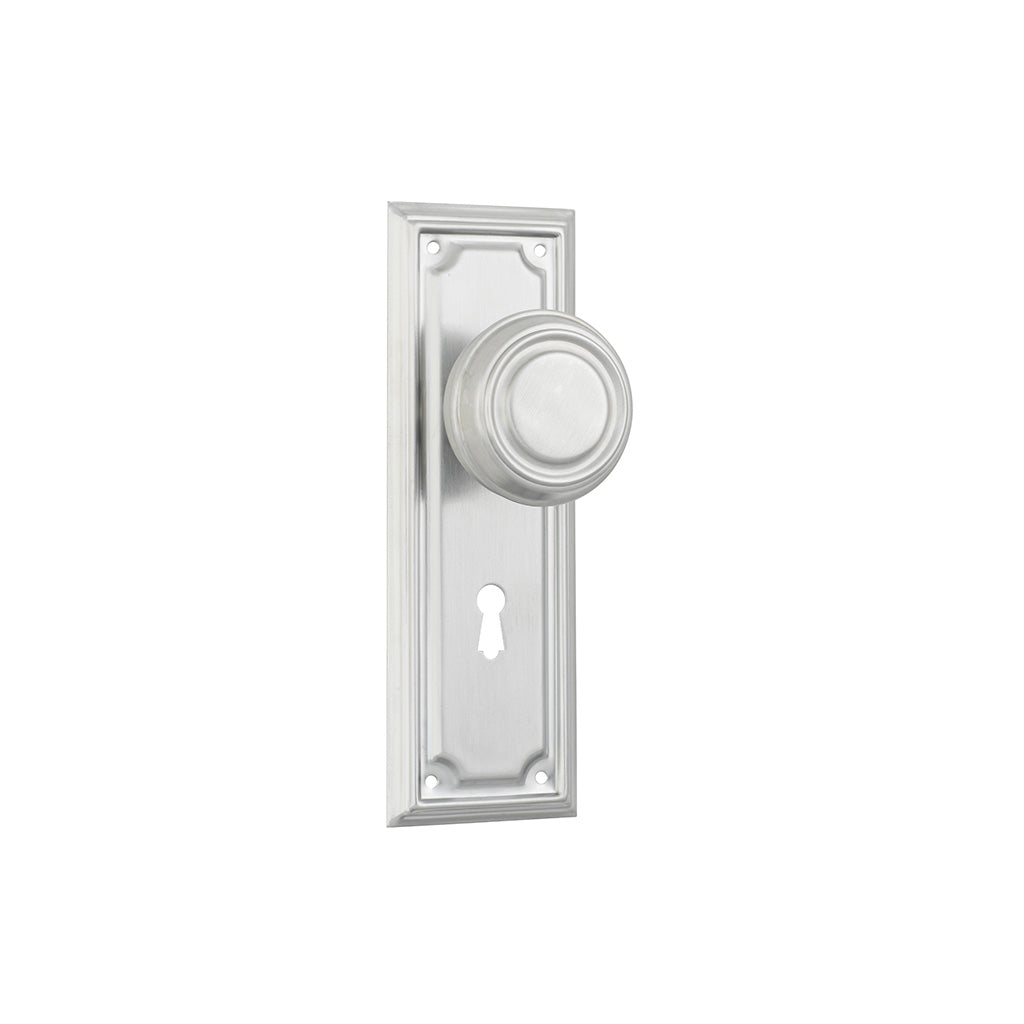 Edwardian Door Knob - Long Backplate Satin Chrome / Lock (Skeleton Key) / Lever Set Only