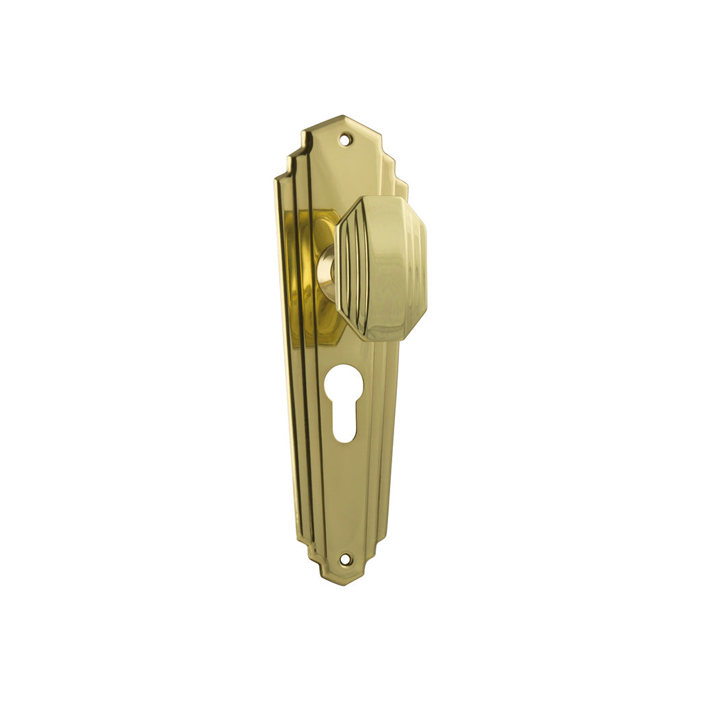Elwood Art Deco Door Knob - Long Backplate Polished Brass / Entrance / Lever Set Only