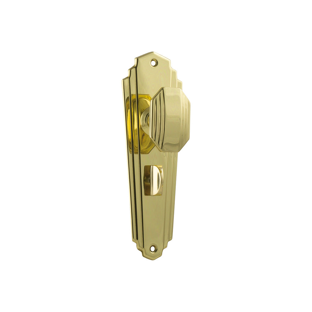 Elwood Art Deco Door Knob - Long Backplate Polished Brass / Privacy / Lever Set Only
