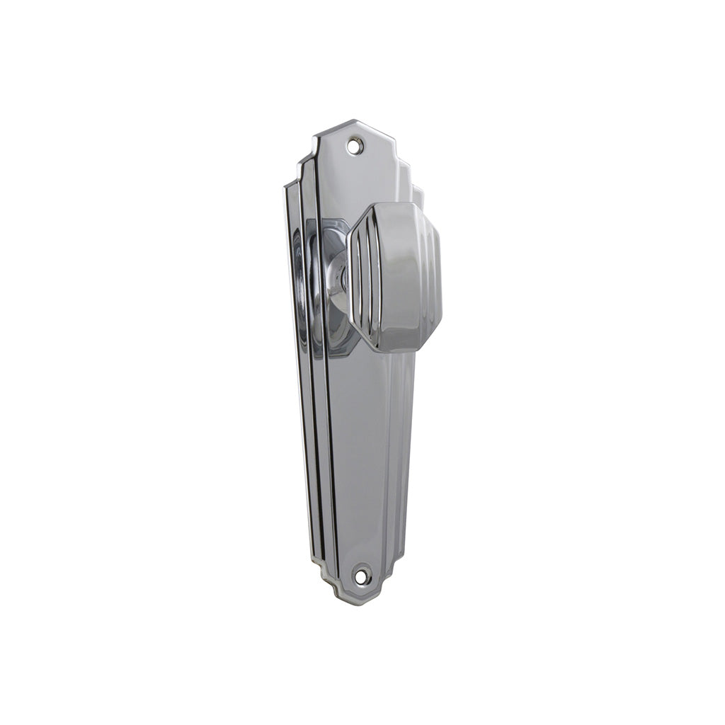 Elwood Art Deco Door Knob - Long Backplate Chrome Plated / Passage / Lever Set Only