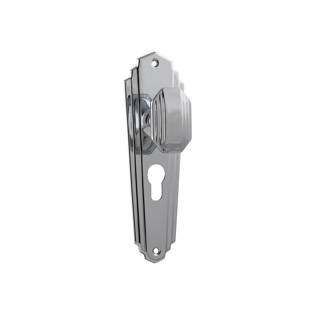 Elwood Art Deco Door Knob - Long Backplate Chrome Plated / Entrance / Lever Set Only